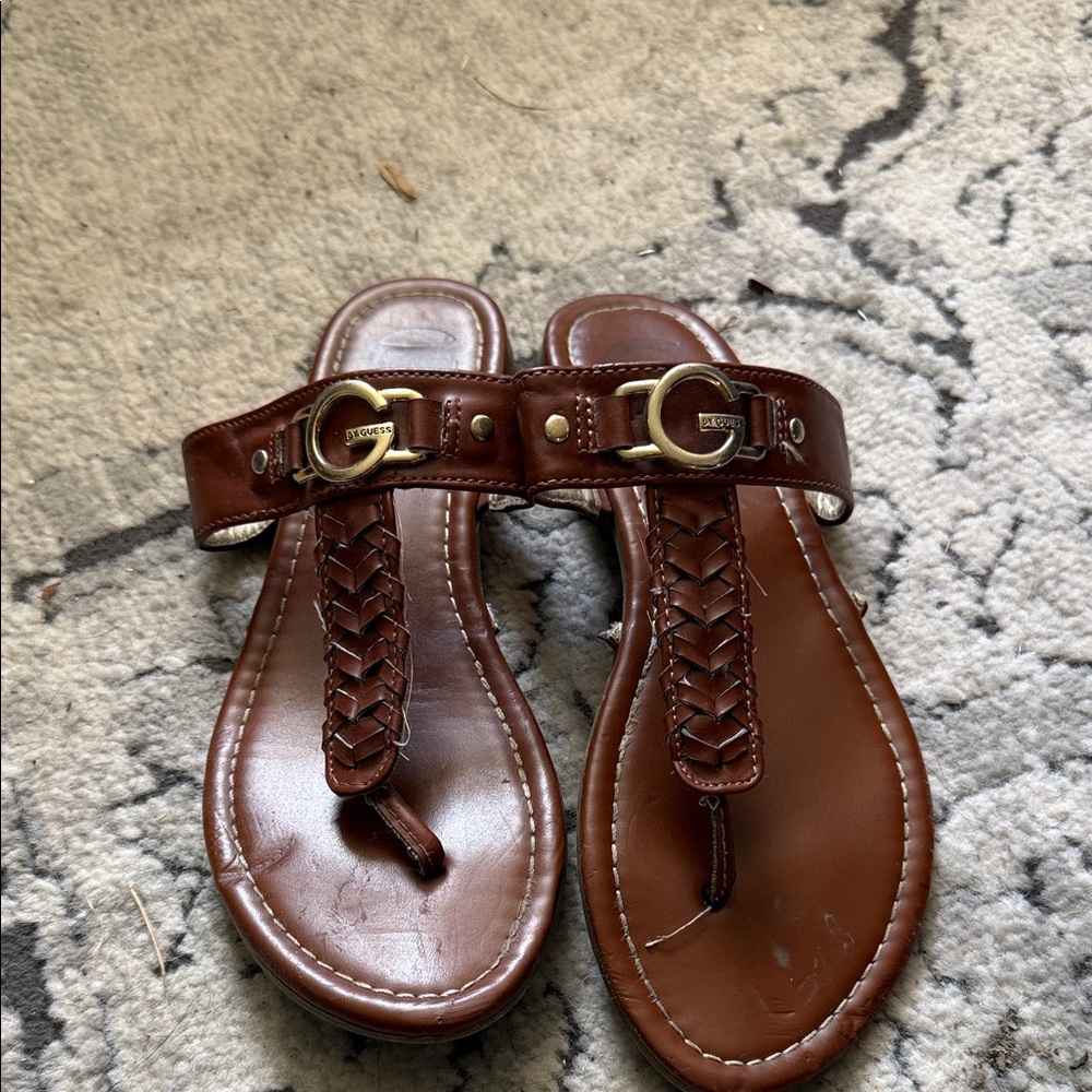 G by Guess Brown Braided Toe-Ring Sandals with Gold G Accent